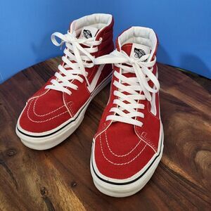VANS Sk8-Hi Skate Shoe Size Women's 8.0, Men's 6.5 Hi-Top Suede Canvas Red EUC